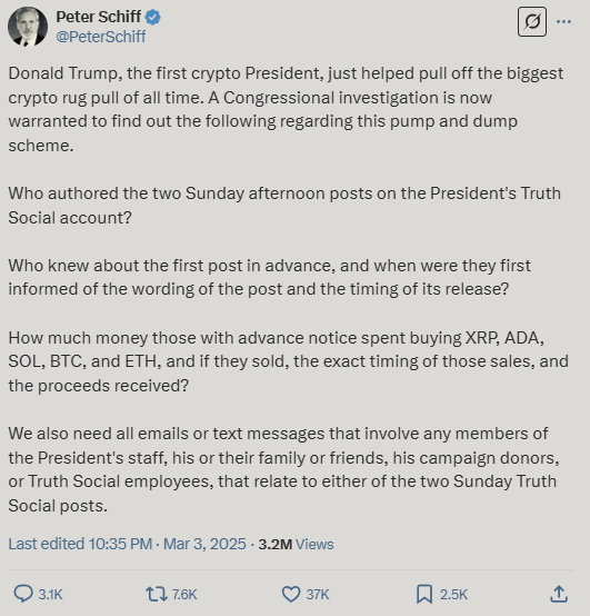 Peter Schiff X post on Donald Trump potentially manipulating the markets