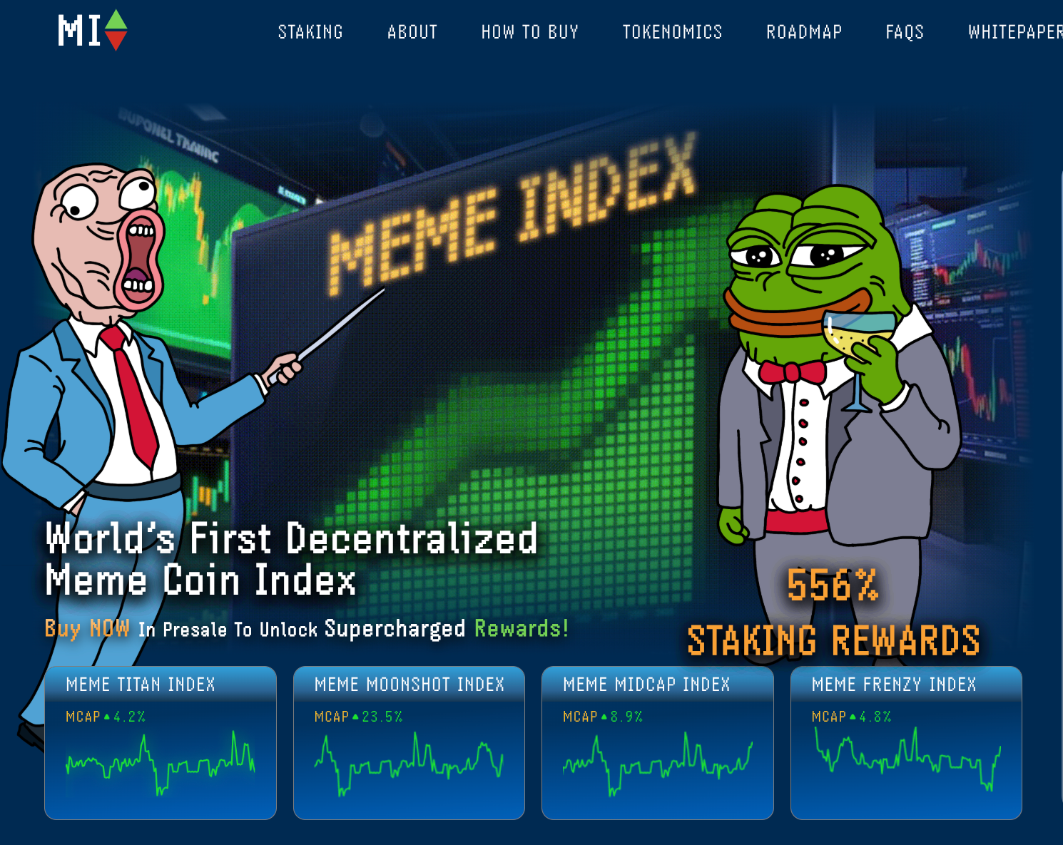 Meme Index landing page with trading graphs for the four indexes. 