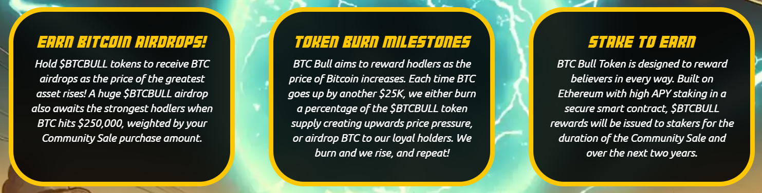 BTC Bull Token airdrops, burns, and staking 