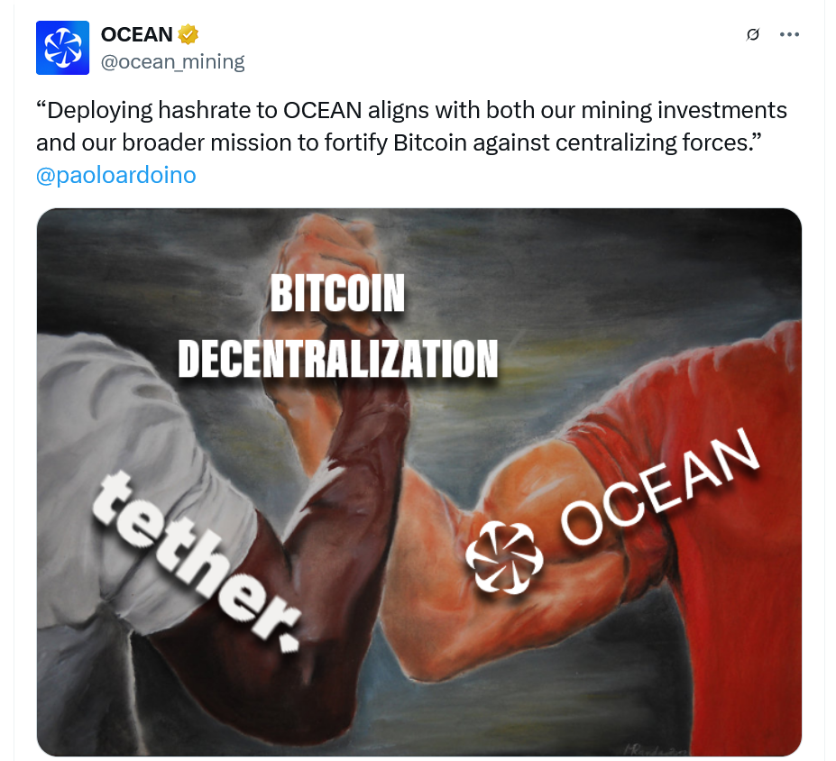 Tether partners with OCEAN mining pool to decentralize Bitcoin block-building