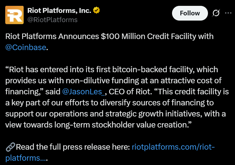 Riot Platforms secures $100M ‘Bitcoin-backed’ loan from Coinbase