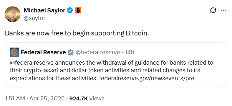 US banks are ‘free to begin supporting Bitcoin’ — Michael Saylor