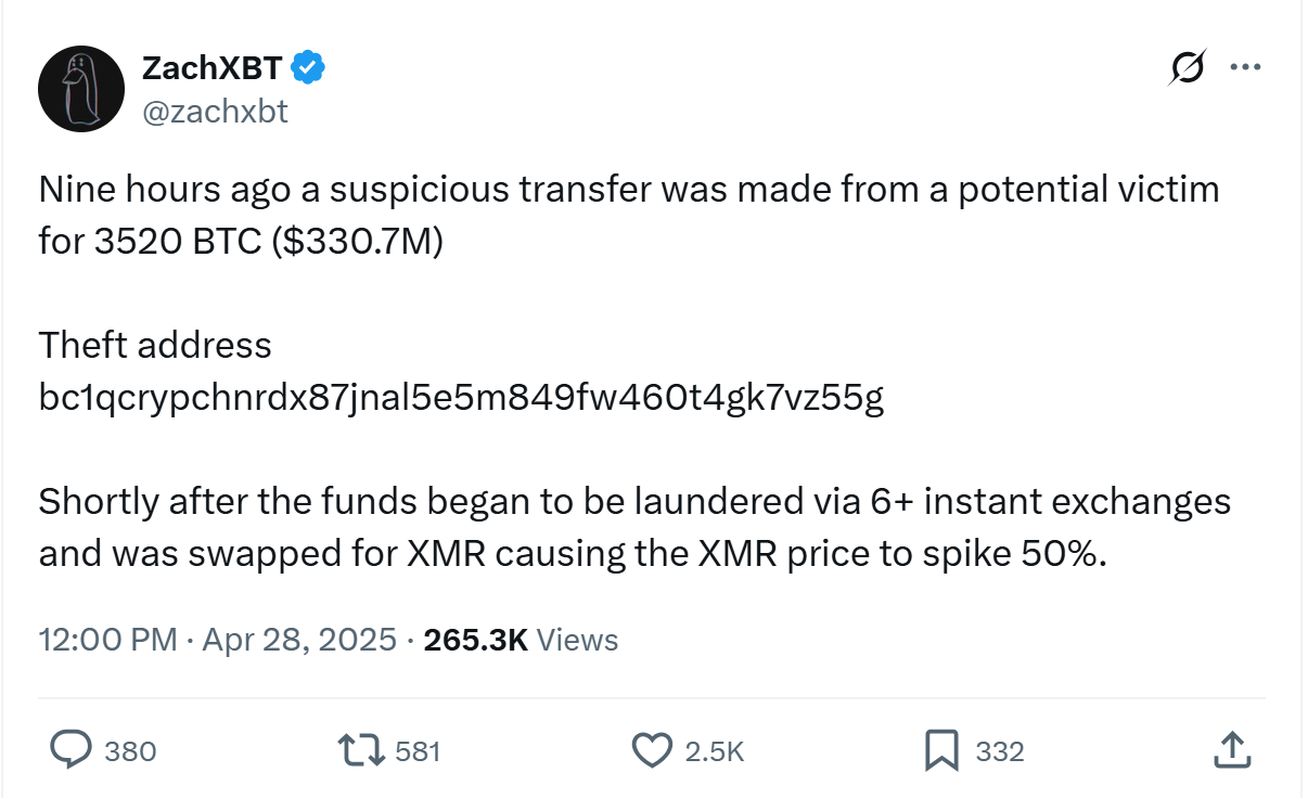 ZachXBT flags suspicious $330M Bitcoin transfer triggering Monero surge