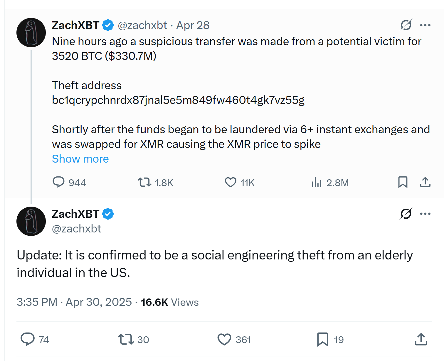 $330M Bitcoin social engineering theft victim is elderly US citizen
