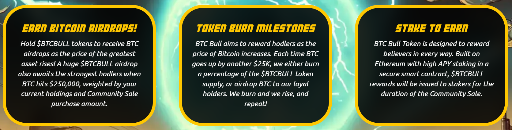 BTC Bull Token airdrops, turn burns, and stake to earn 