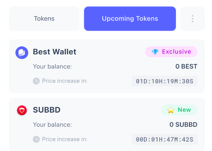 Upcoming tokens section of Best Wallet