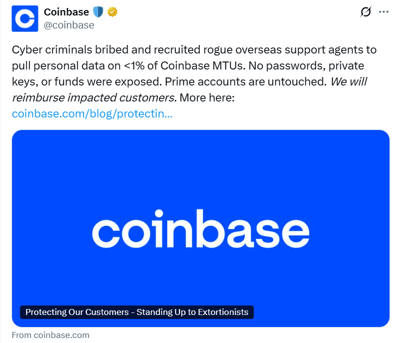 Coinbase refuses $20M ransom after support agent data breach