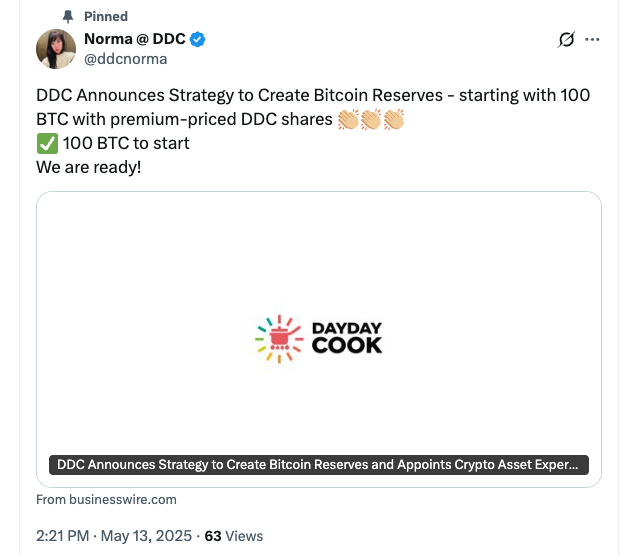 China-linked consumer brand DayDayCook plans to acquire 5,000 Bitcoin