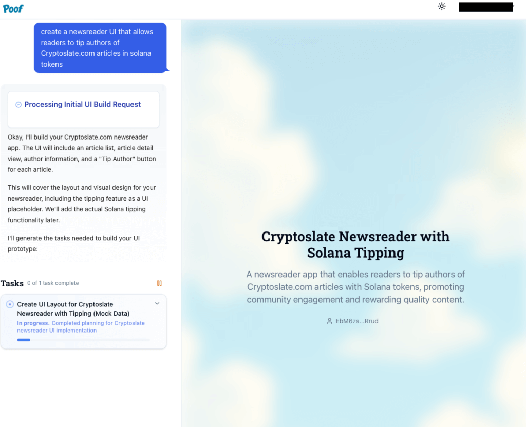 Poof CryptoSlate newsreader app starting prompt