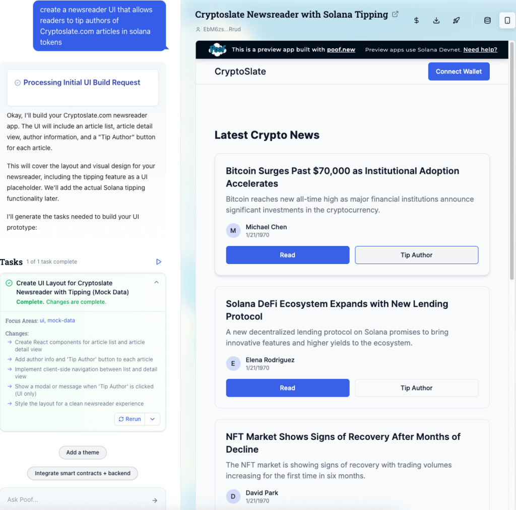 Poof CryptoSlate newsreader app UI