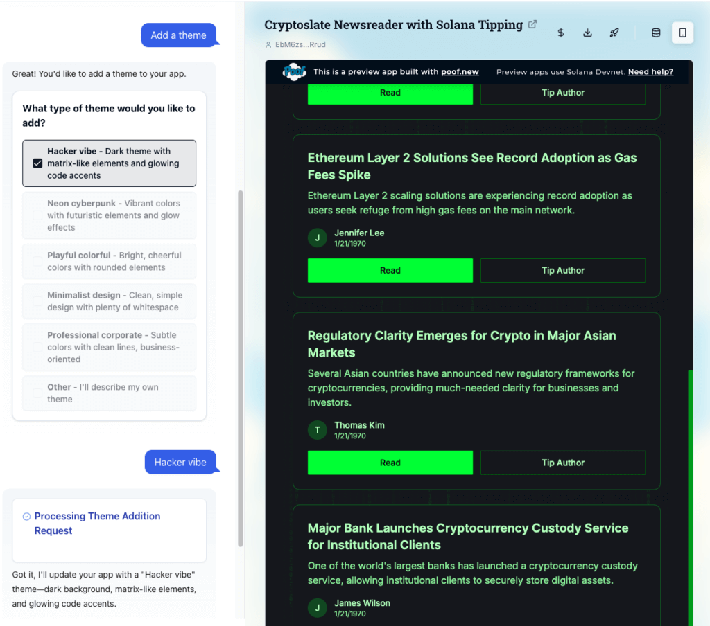 Poof CryptoSlate newsreader app themed UI