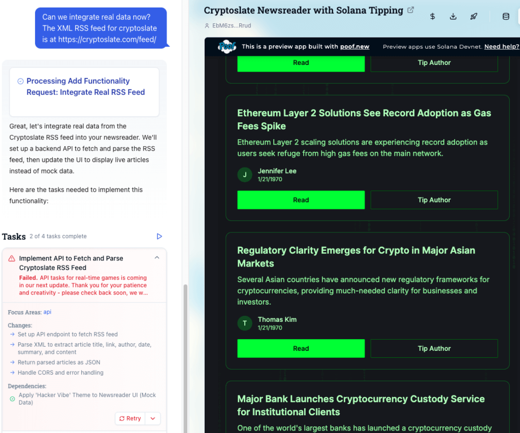 Poof CryptoSlate newsreader app API error