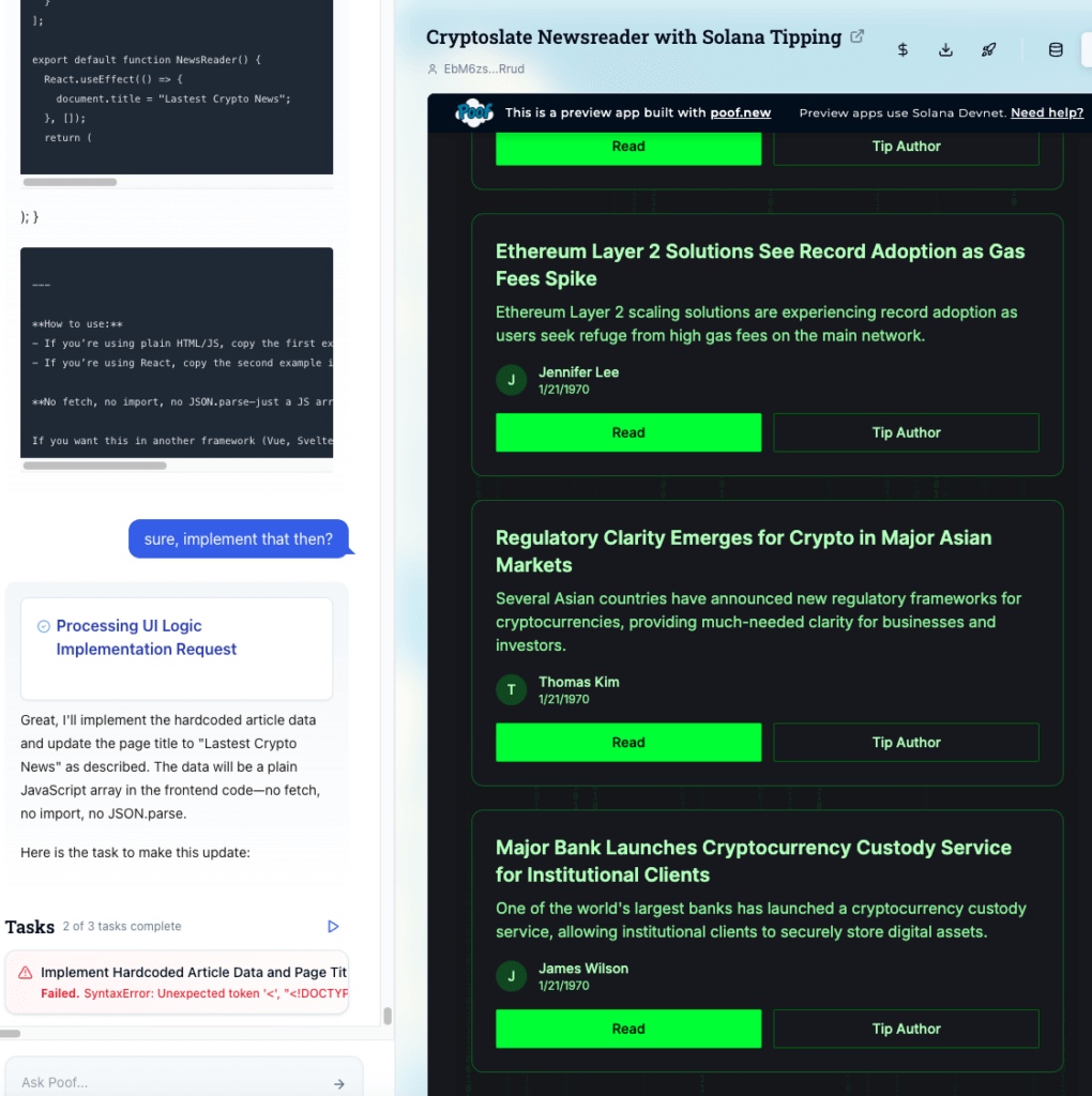 Poof CryptoSlate newsreader app syntax error