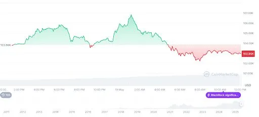 A CoinMarketCap graph showing the Bitcoin price at its all-time high of $106,847.