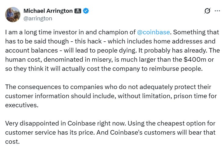 Coinbase data leak could put users in physical danger: TechCrunch founder