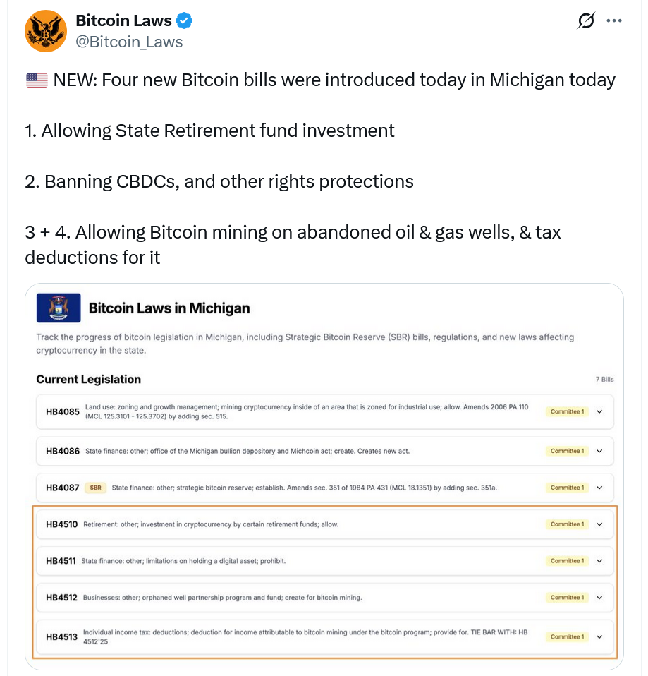 Michigan lawmakers file 4 crypto bills on retiree funds, CBDCs, mining
