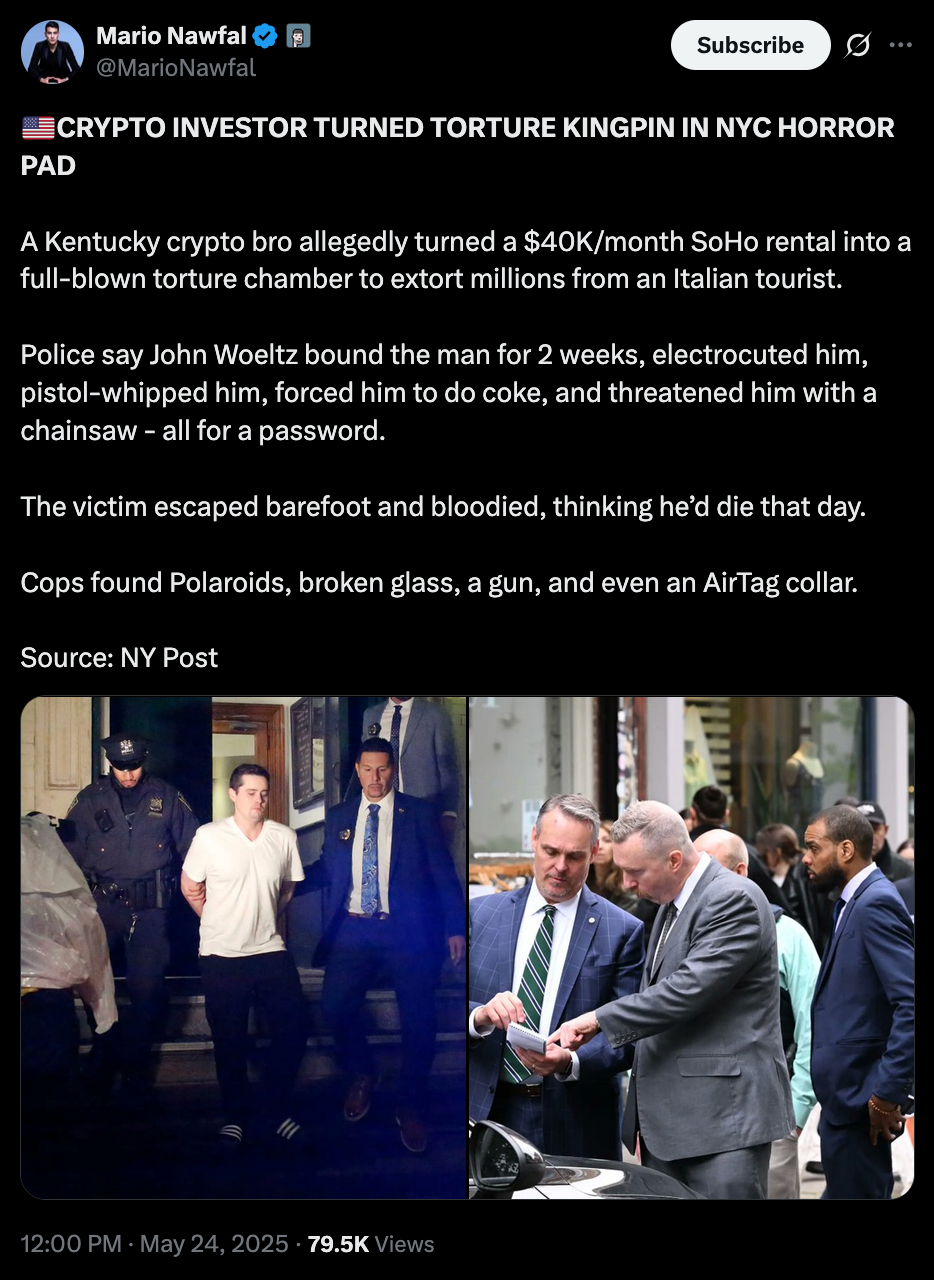 Post on X about crypto investor being kidnapped. 