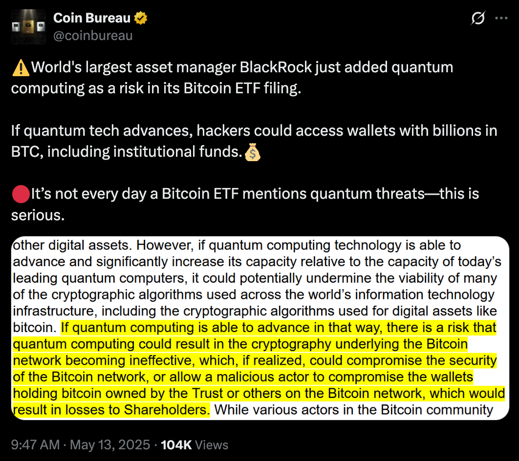 BlackRock adds quantum computing as a risk in its Bitcoin ETF filing. 