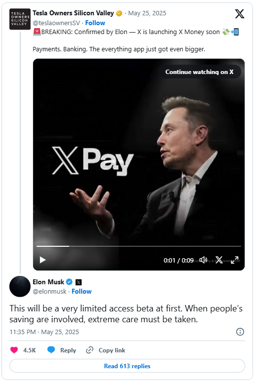 X Money announcement by Elon Musk 