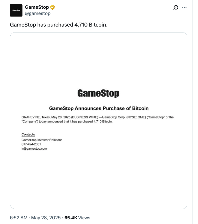 GameStop officially confirms first Bitcoin purchase of 4,710 BTC
