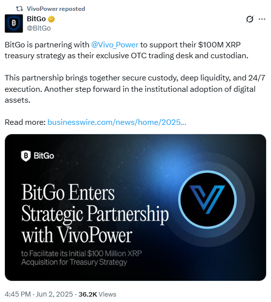  BitGo announces VivoPower partnership on X.