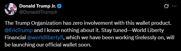 Donald Trump Jr. X Post on Trump Wallet
