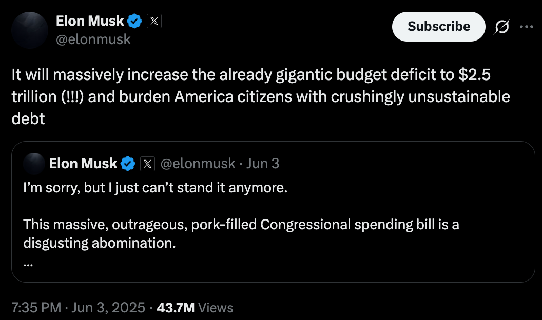 Elon Musk slamming Trump's budget bill on X.