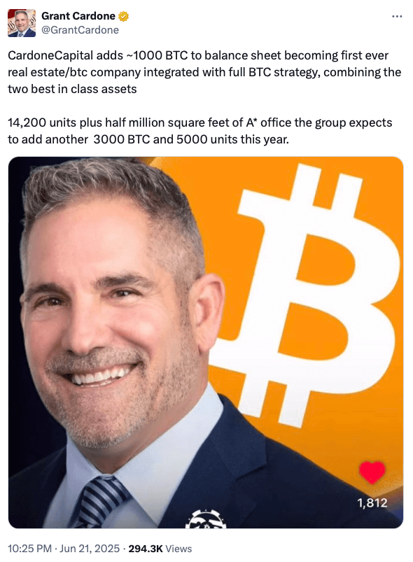 Grant Cardone X post about CardoneCapital buying Bitcoin.