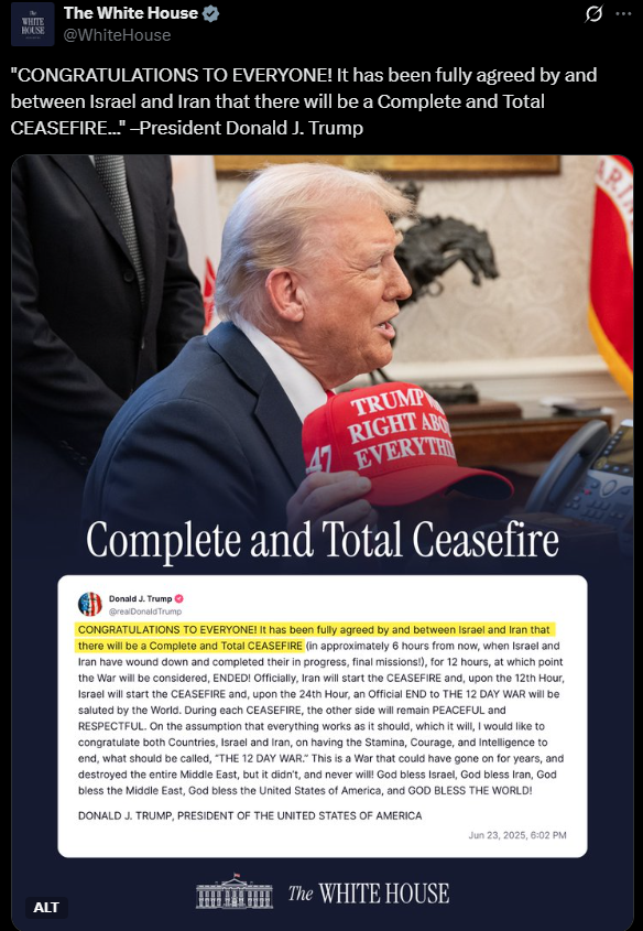 Trump's recent X post announces 'complete and total ceasefire.'
