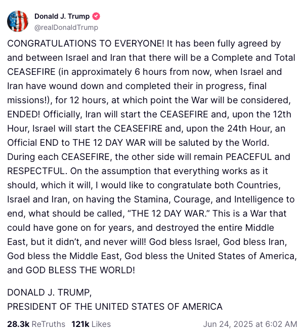 Donald Trump Israel-Iran ceasefire announcement.