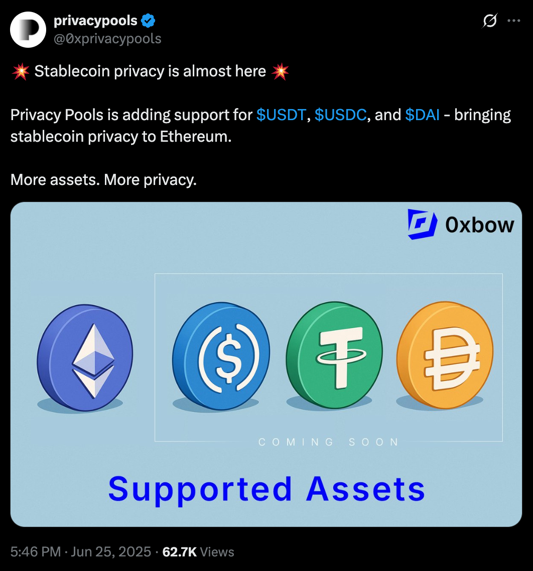 Privacy pools adding support for stablecoins – announcement on X