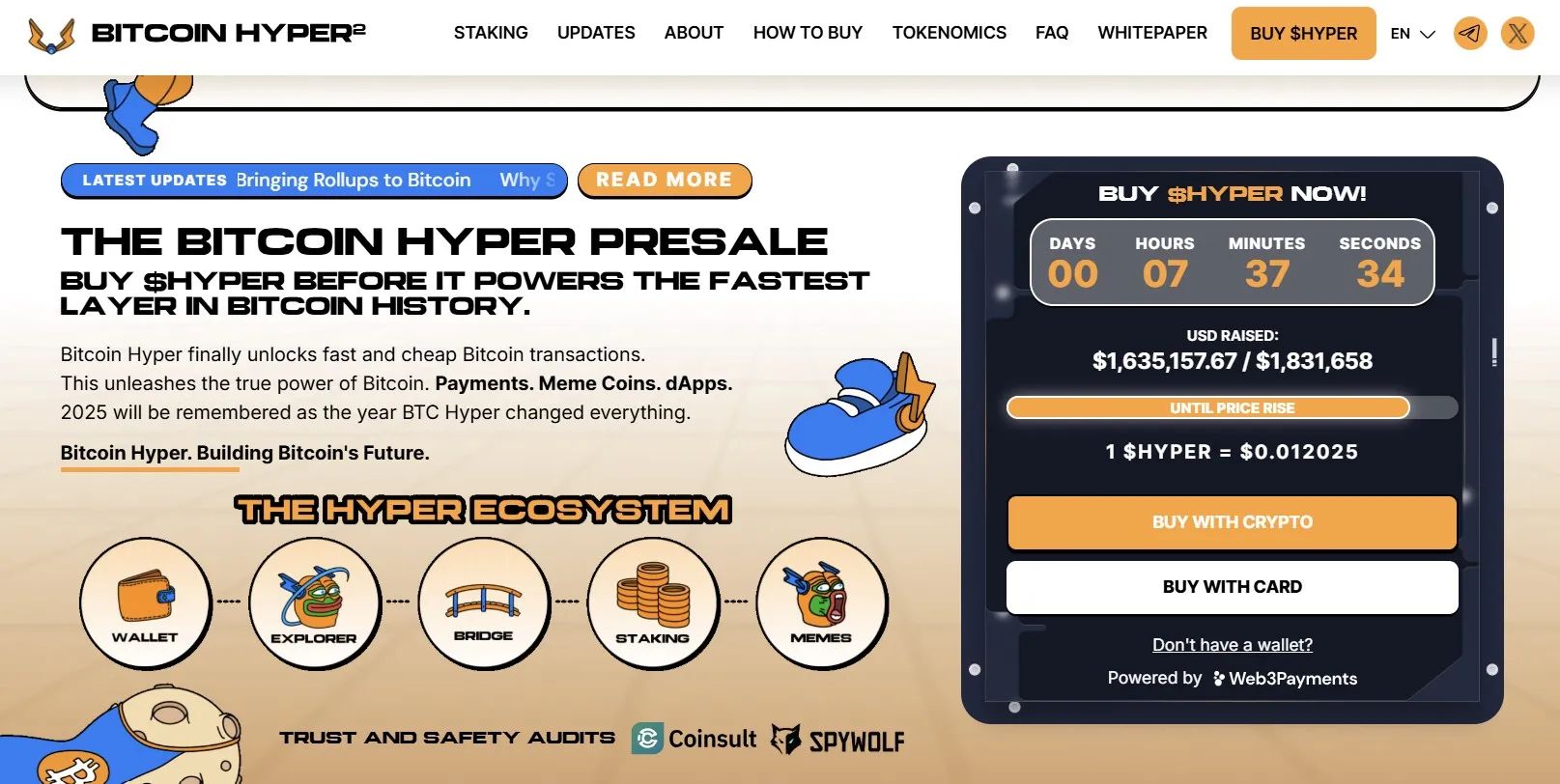 Bitcoin Hyper ($HYPER) presale homepage showing the project's recent developments.