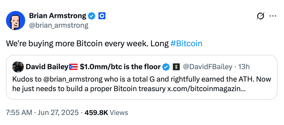 Brian Armstrong tweet on x.