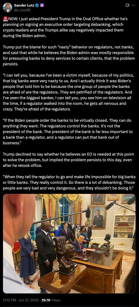 Trump on debanking - post on X.