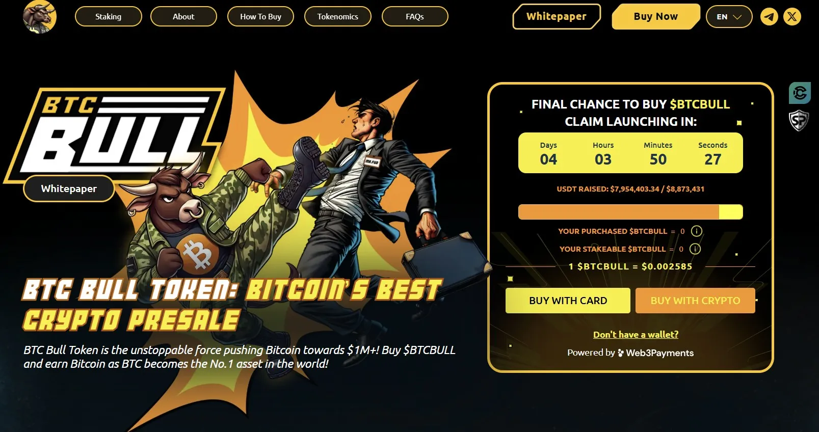 BTC Bull Token ($BTCBULL) live presale numbers on the homepage.