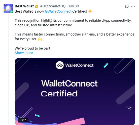 Best Wallet WalletConnect certification 