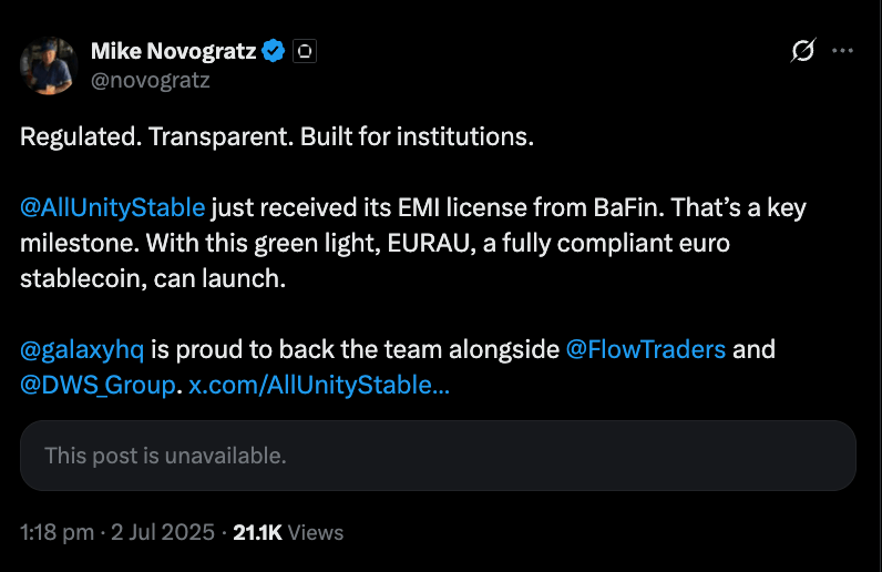 Mike Novogratz announces on X that AllUnity received the BaFin license for a fully compliant euro stablecoin.