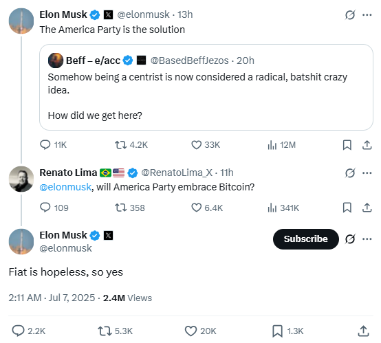 Elon Musk says fiat is hopeless on X 
